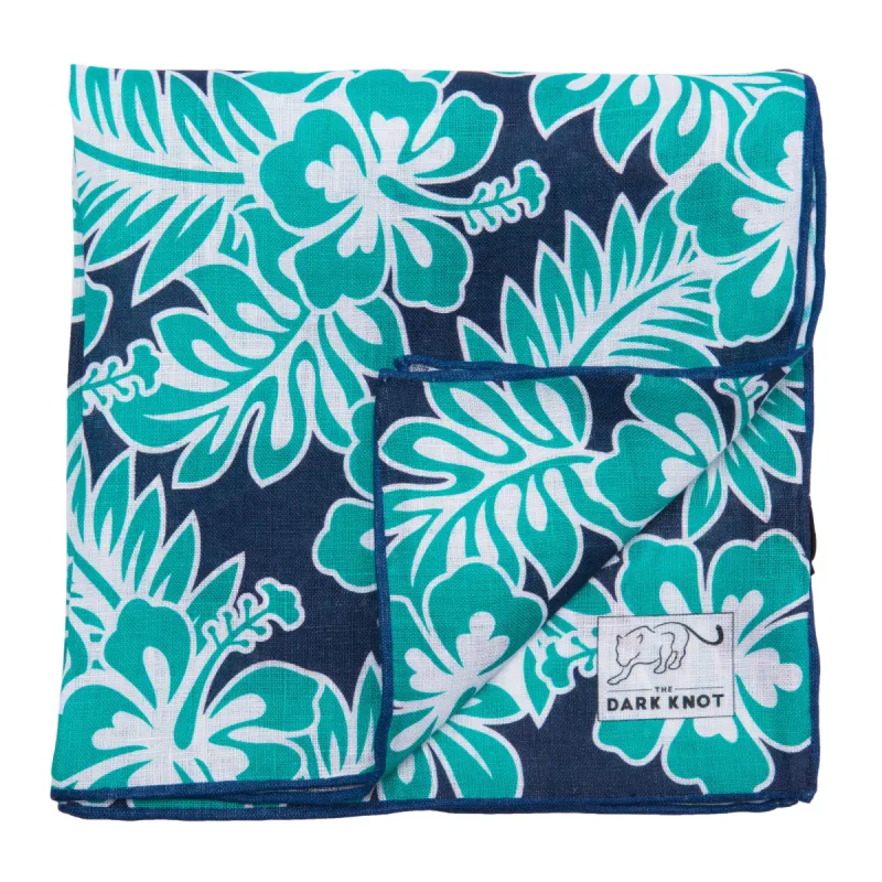 Lake George Linen Pocket Square, Navy / White / Turquoise sold by The Dark Knot Limited