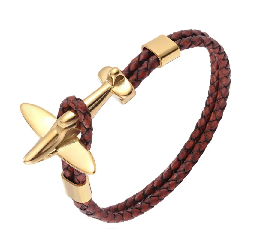 Agoura Hills Leather Rope Chain Airplane Bracelet, Coffee / Gold sold by The Dark Knot Limited