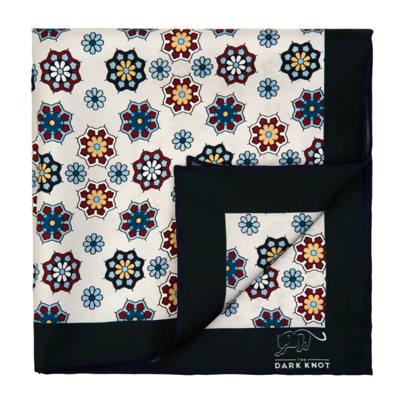 Everett Foulard Silk Pocket Square, White / Burgundy / Blue sold by The Dark Knot Limited