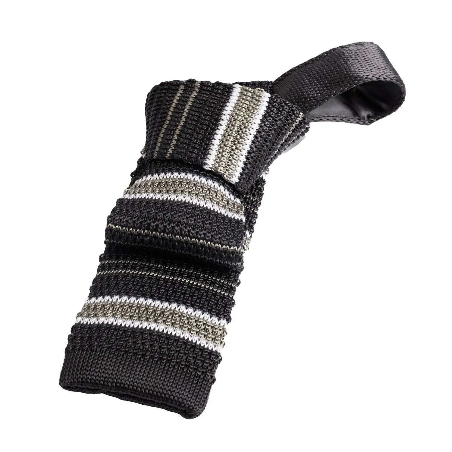 Dunkirk Stripes Knitted Silk Tie, Charcoal Grey / White / Light Grey sold by The Dark Knot Limited