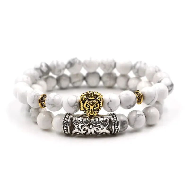Burbank Gold Lion White Stackable Howlite Beaded Bracelets sold by The Dark Knot Limited