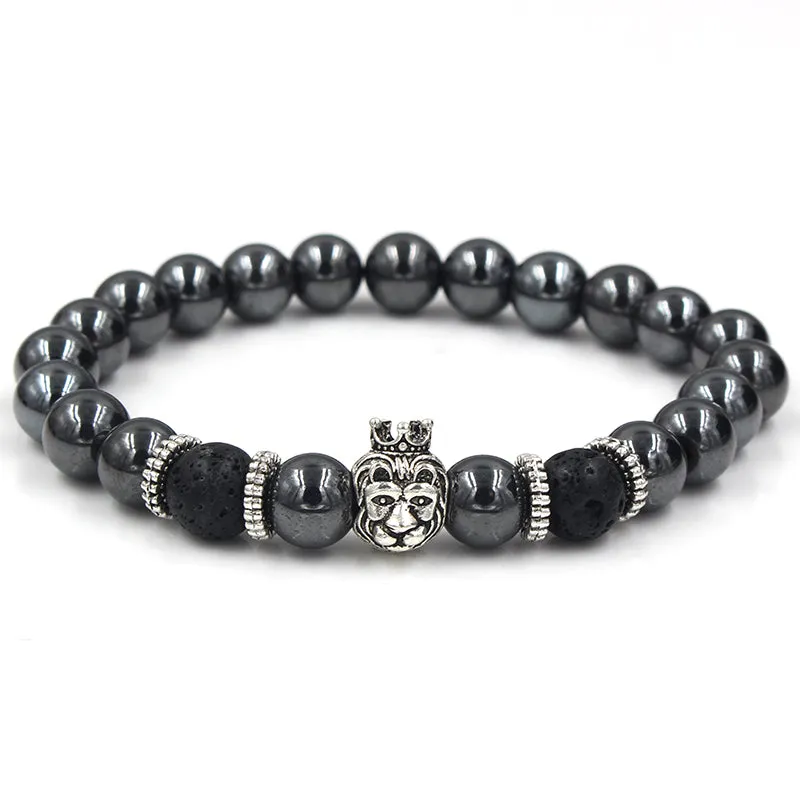 Temecula Crowned Silver Lion Black Hematite Beaded Bracelet sold by The Dark Knot Limited