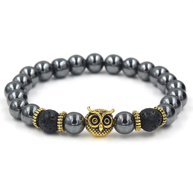 Palmdale Gold Owl Black Hematite Beaded Bracelet sold by The Dark Knot Limited