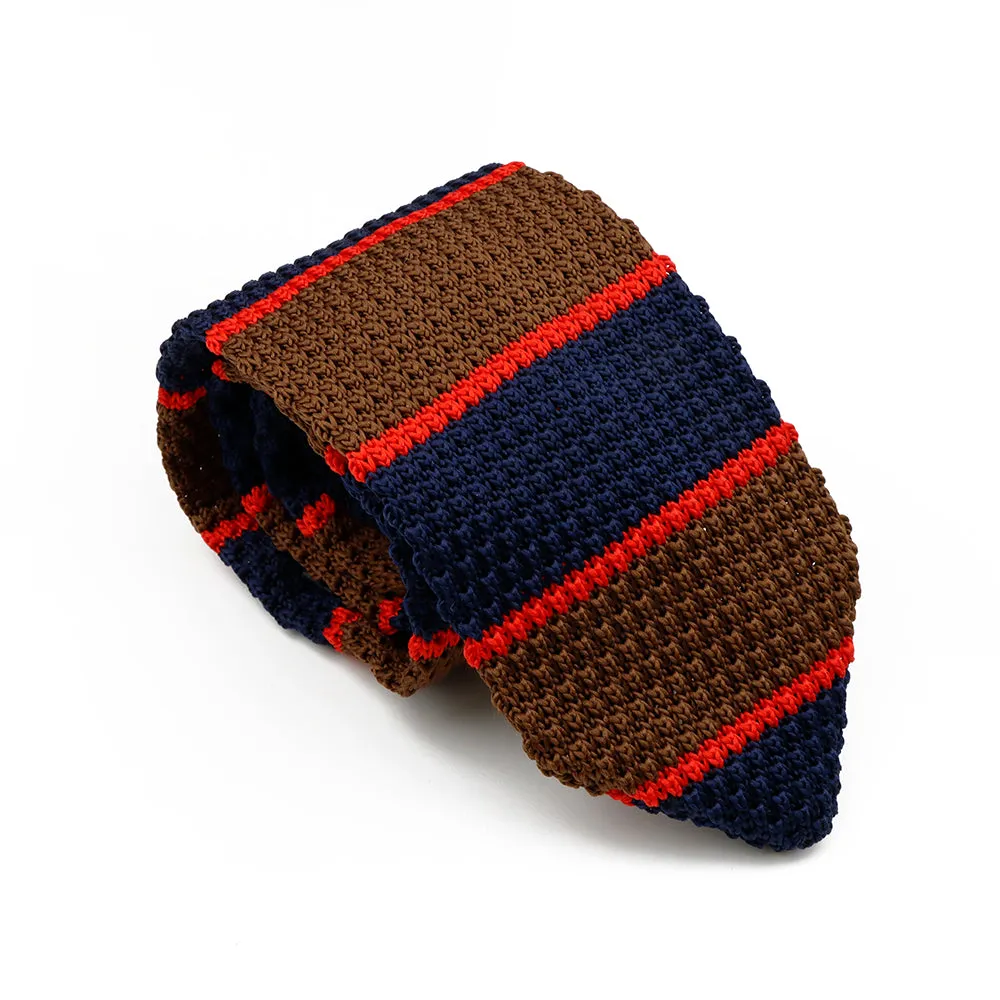 Haleiwa Stripes Cotton Polyester Knit Tie, Navy / Red / Brown sold by The Dark Knot Limited