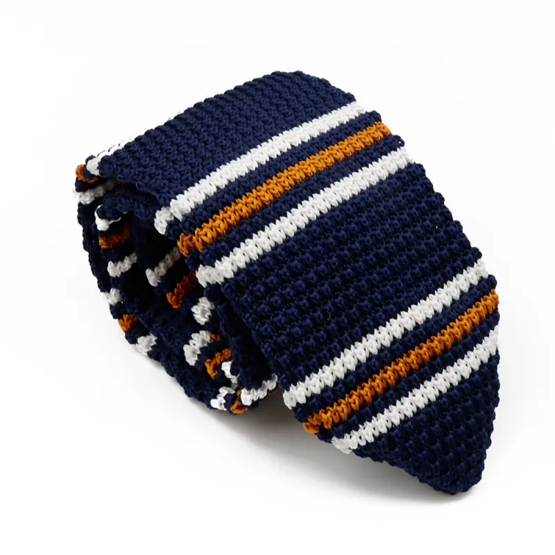 Clearwater Stripes Cotton Polyester Knit Tie, Navy / White / Light Brown sold by The Dark Knot Limited