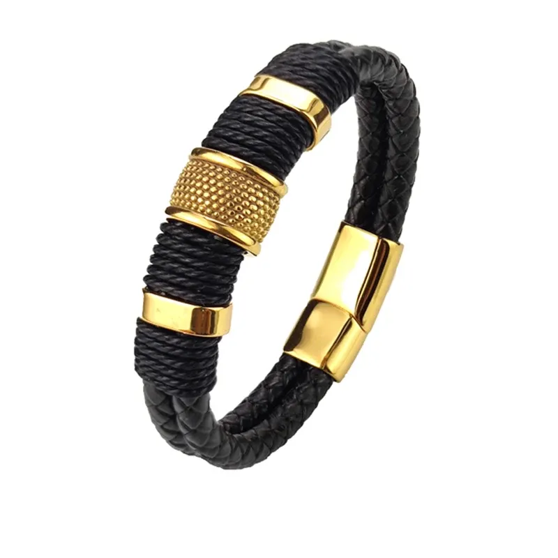 Glendale Black Leather & Gold Stainless Steel Bracelet sold by The Dark Knot Limited