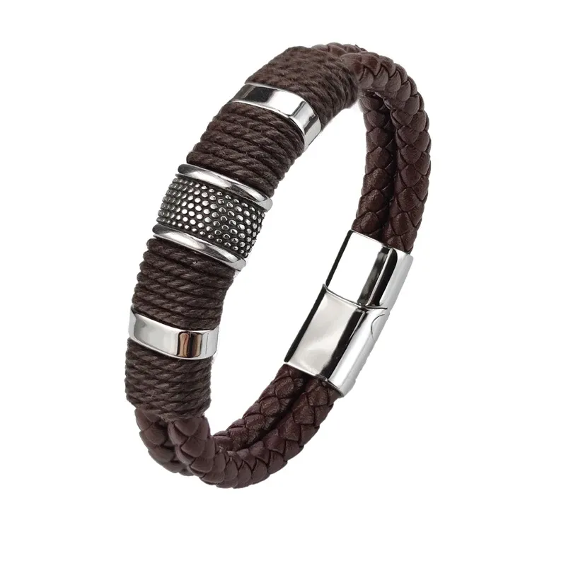 Glendale Brown Leather & Silver Stainless Steel Bracelet made by The Dark Knot Limited