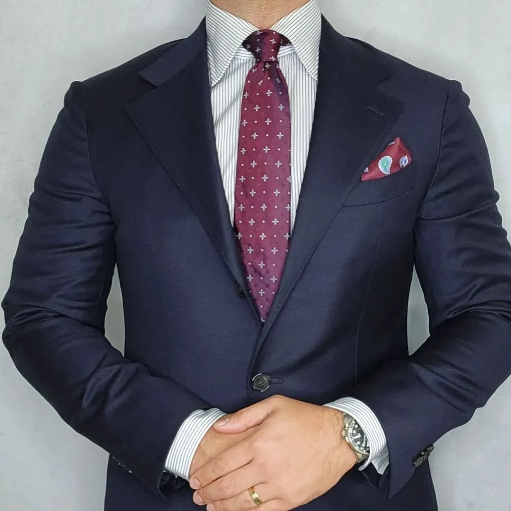 Shelburne Foulard Silk Tie, Burgundy / Silver / Light Blue sold by The Dark Knot Limited product image thumbnail 3