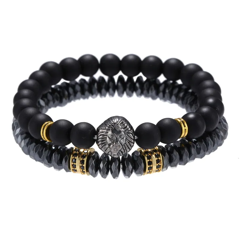 Ventura Silver Lion Black Stackable Beaded Bracelets sold by The Dark Knot Limited