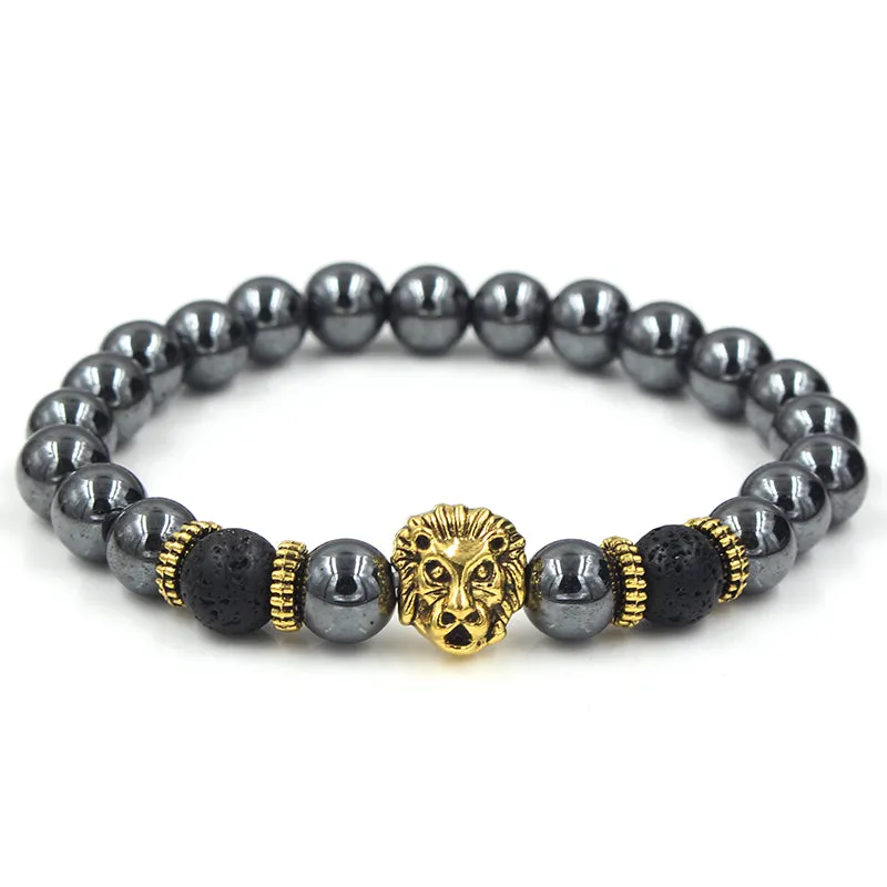 Manteca Gold Lion Black Hermatite Beaded Bracelet sold by The Dark Knot Limited