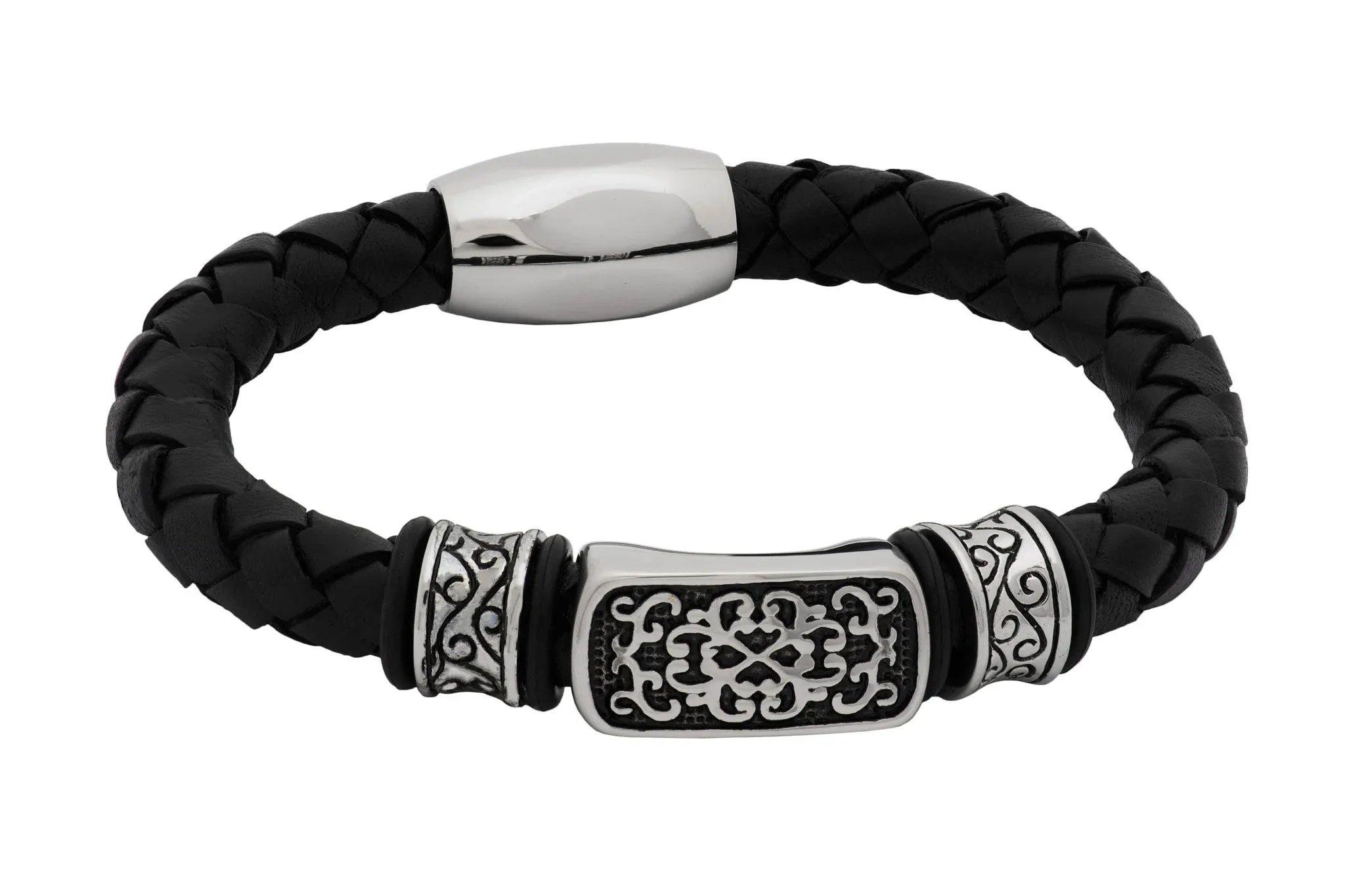Livingston Black Leather Stainless Steel Bracelet sold by The Dark Knot Limited