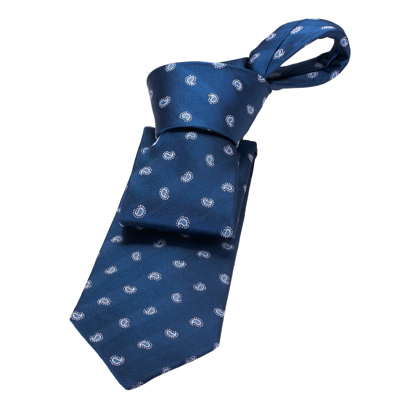 Carmel Paisley Silk Tie, Navy / Light Blue / Silver sold by The Dark Knot Limited