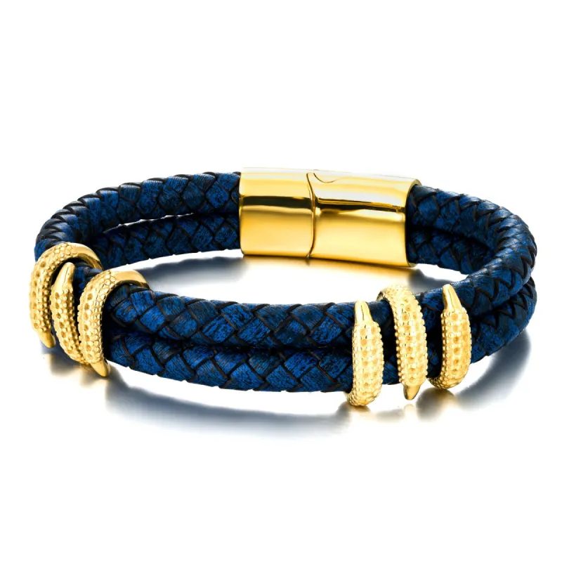 Los Altos Blue Leather Gold Ornament Stainless Steel Bracelet sold by The Dark Knot Limited