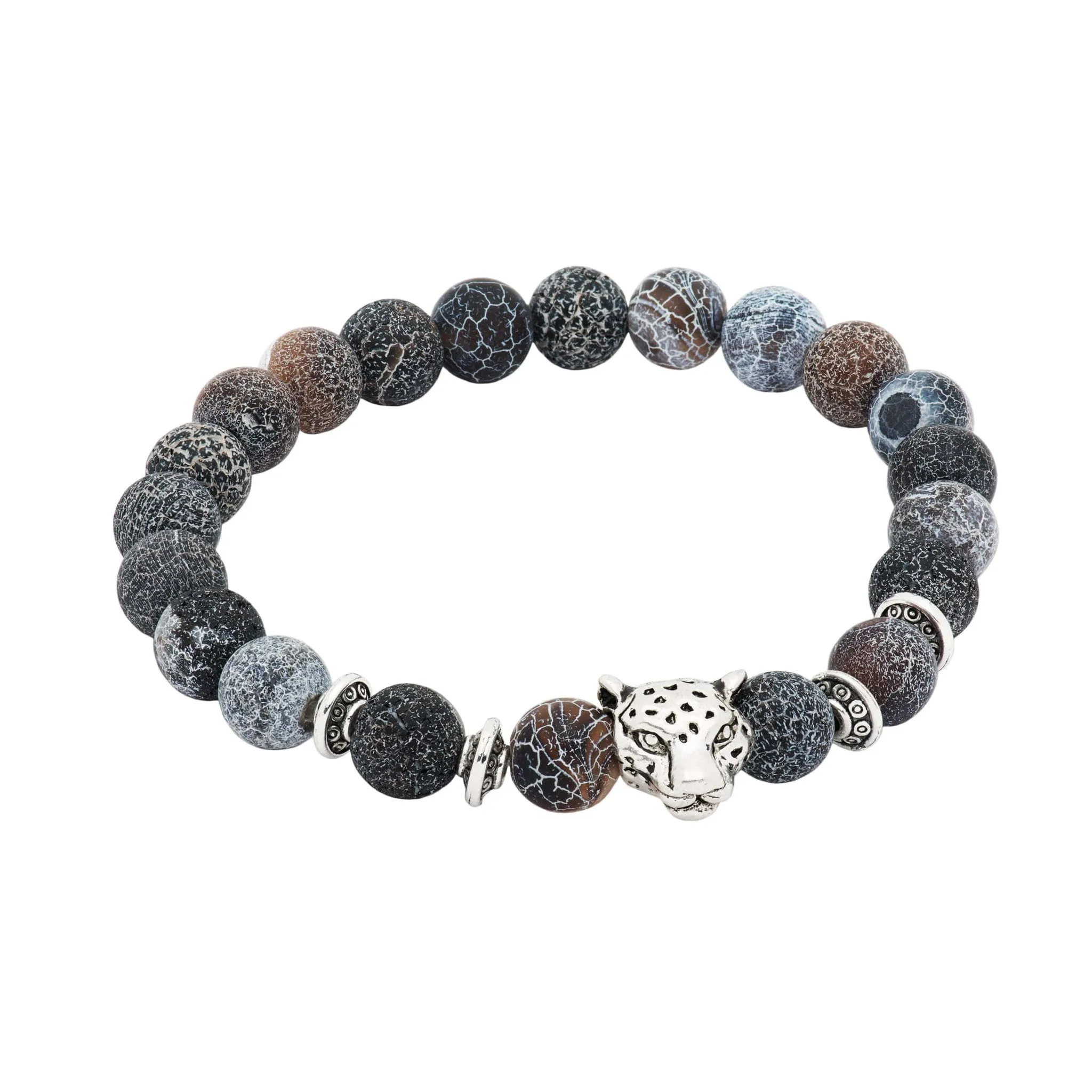 Oakley Silver Leopard Black & Grey Agate Beaded Bracelet sold by The Dark Knot Limited