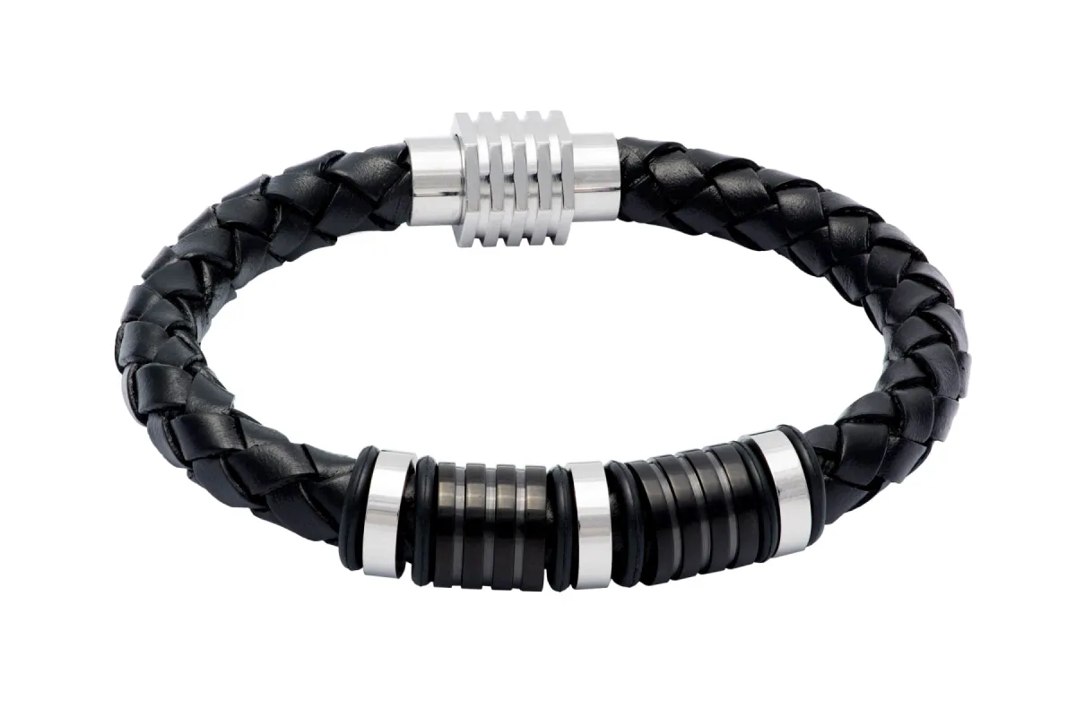 Encinitas Black Leather Stainless Steel Bracelet sold by The Dark Knot Limited