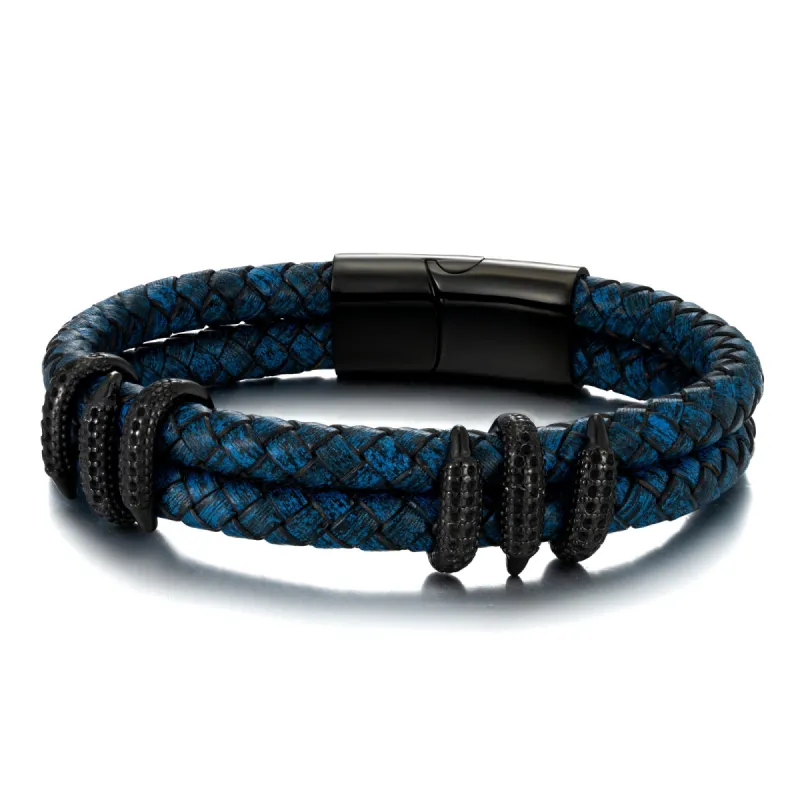 Los Altos Blue Leather Black Ornament Stainless Steel Bracelet sold by The Dark Knot Limited