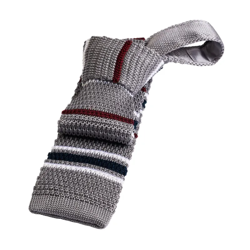 Brookhaven Stripes Knitted Silk Tie, Grey / Burgundy / Navy sold by The Dark Knot Limited