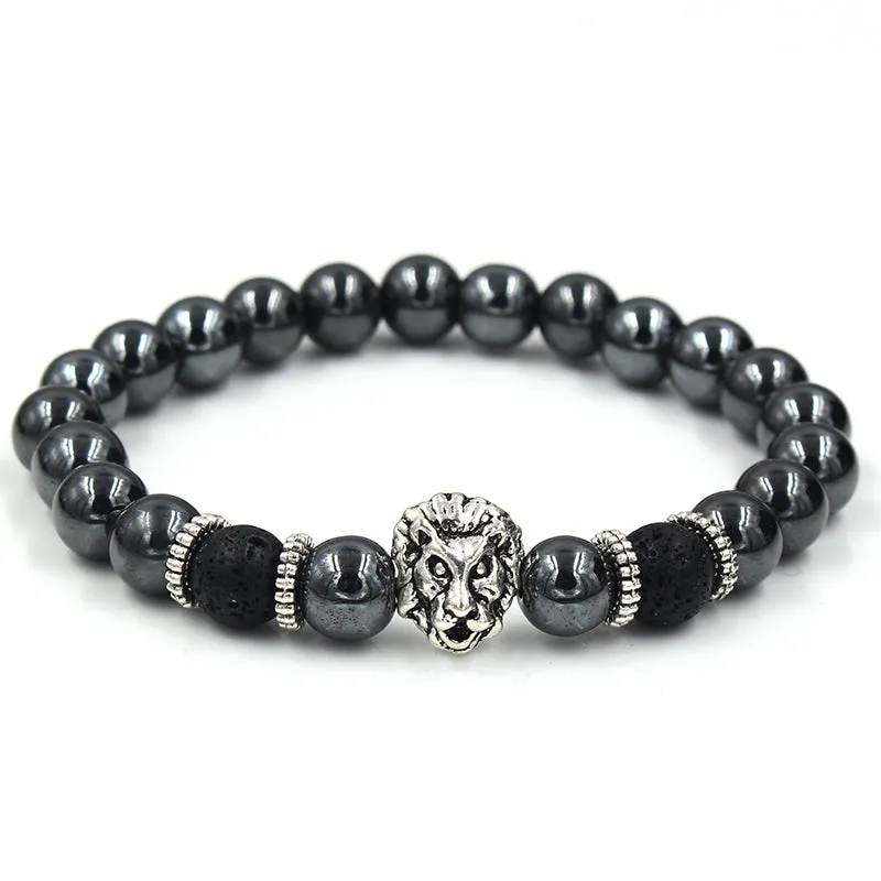 Manteca Silver Lion Black Hermatite Beaded Bracelet sold by The Dark Knot Limited