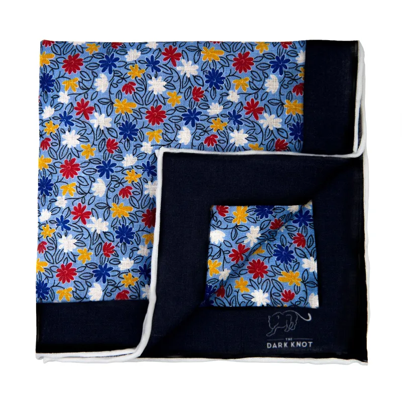 Norwalk Floral Linen Pocket Square, Light Blue / Red / White sold by The Dark Knot Limited