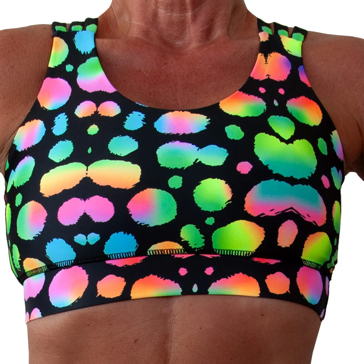 *PRE ORDER* Neon Pick ‘n’ Mix Spots Cross Back Bra sold by Tikiboo