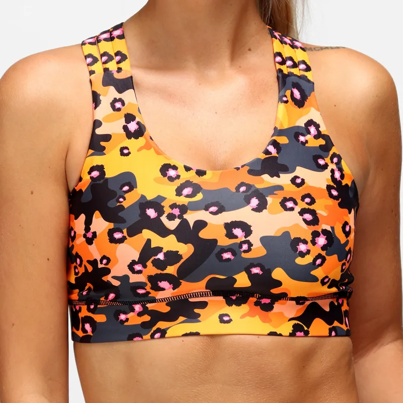 Orange Leopard Camo Cross Back Bra sold by Tikiboo