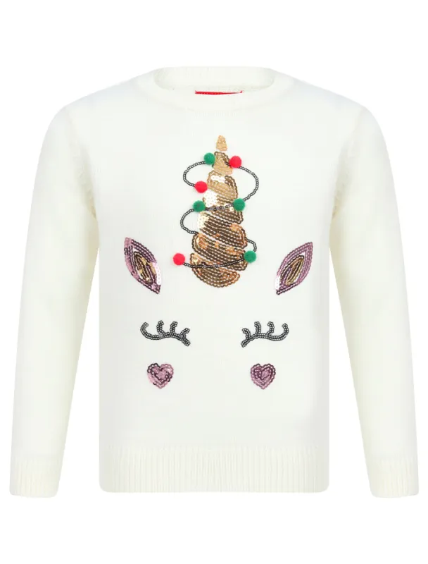 Girls Xmas Fairy Light Unicorn Crew Neck Christmas Jumper In Gardenia White - Merry Christmas sold by Tokyo Laundry