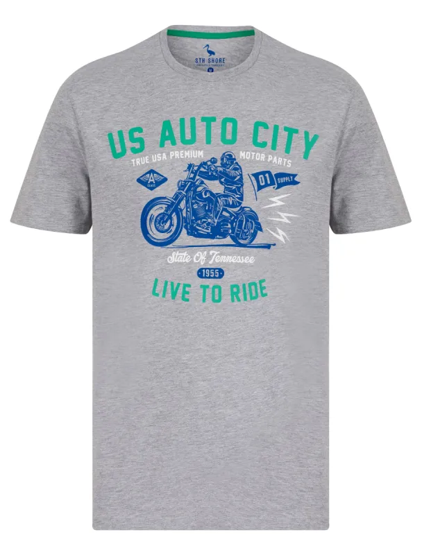 Auto City Motif Cotton Jersey T-Shirt in Light Grey Marl - South Shore sold by Tokyo Laundry