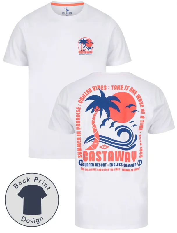 Castaway Back Print Motif Cotton Jersey T-Shirt in Bright White - South Shore sold by Tokyo Laundry