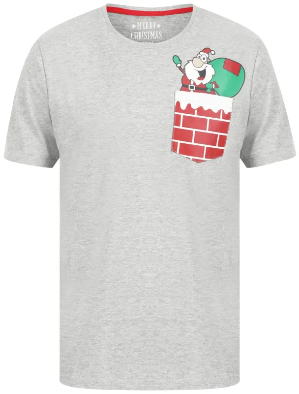 Waving Santa Pocket Motif Novelty Cotton Christmas T-Shirt in Light Grey Marl - Merry Christmas sold by Tokyo Laundry