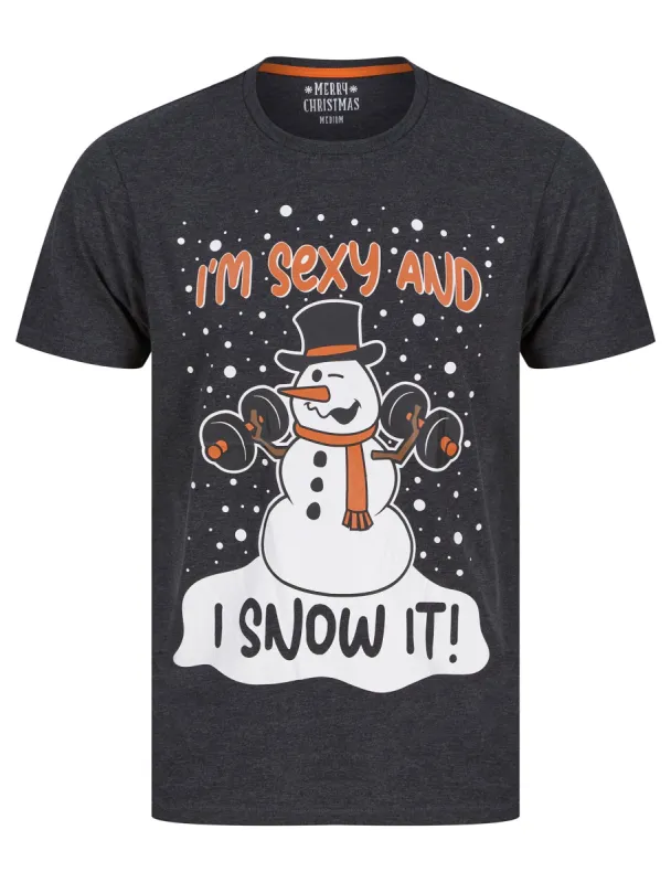 Men's Snow It Motif Novelty Cotton Christmas T-Shirt in Charcoal Marl - Merry Christmas sold by Tokyo Laundry