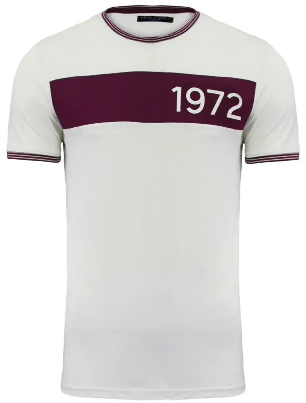 Gable Crew Neck T-Shirt with Chest Panel in Ecru & Burgundy sold by Tokyo Laundry