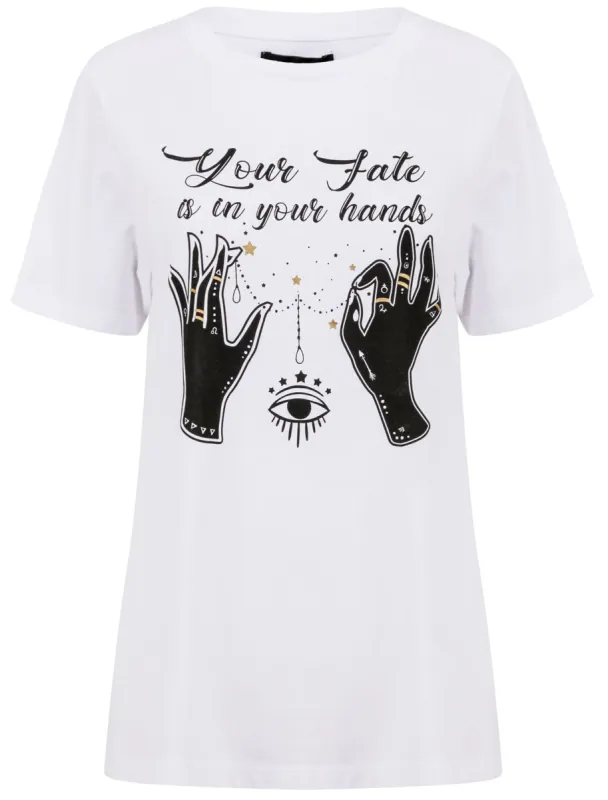 Fate In Your Hands Motif Cotton T-Shirt in Bright White - Weekend Vibes made by Tokyo Laundry
