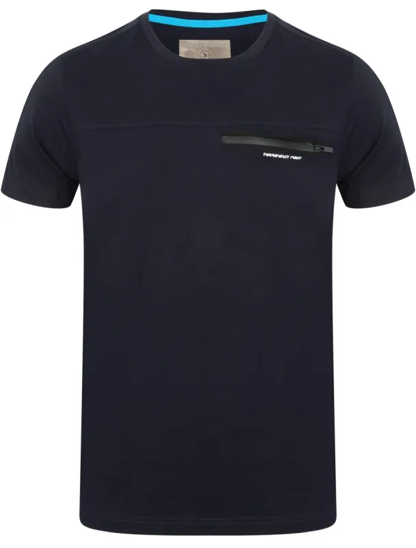 Adachi Crew Neck Cotton T-Shirt with Zip Chest Pocket In Navy - Dissident sold by Tokyo Laundry
