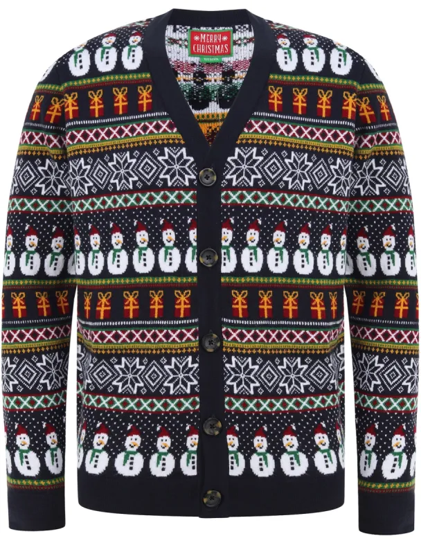 Snowman Cardi Wallpaper Print Novelty Christmas Cardigan in Ink- Merry Christmas sold by Tokyo Laundry