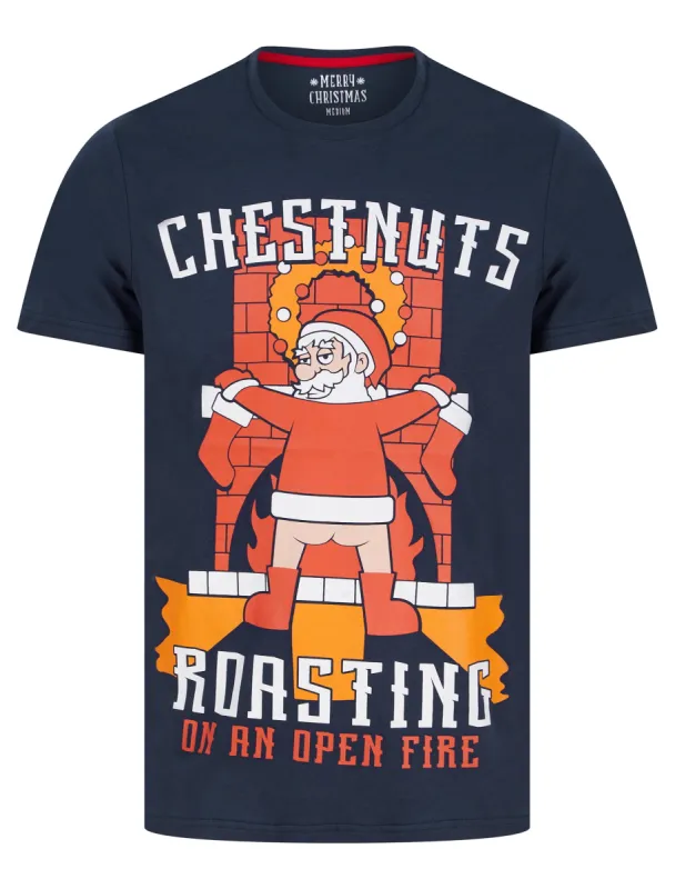 Men's Chestnuts Roasting Motif Novelty Cotton Christmas T-Shirt in Peacoat Blue - Merry Christmas sold by Tokyo Laundry