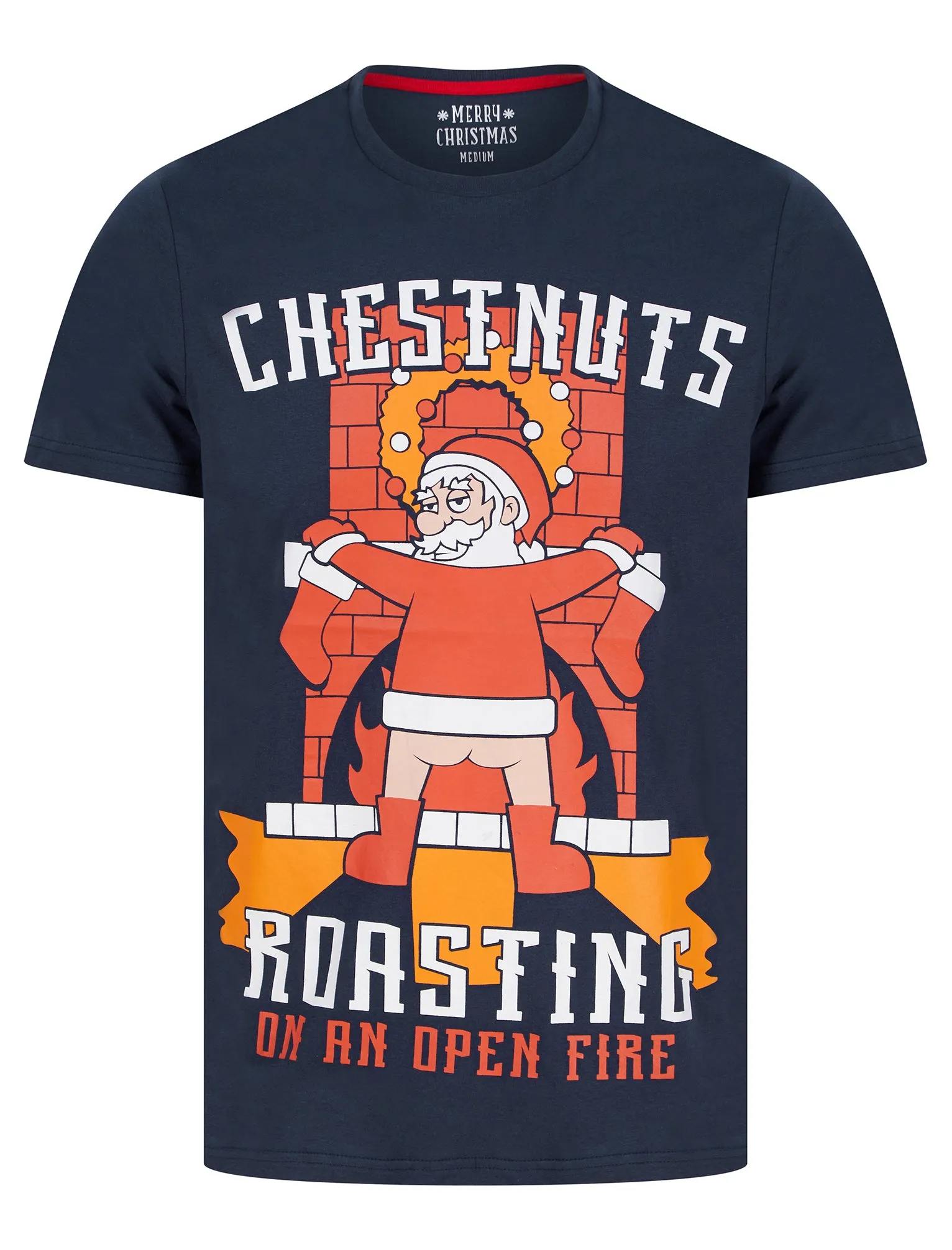 Men's Chestnuts Roasting Motif Novelty Cotton Christmas T-Shirt in Peacoat Blue - Merry Christmas sold by Tokyo Laundry