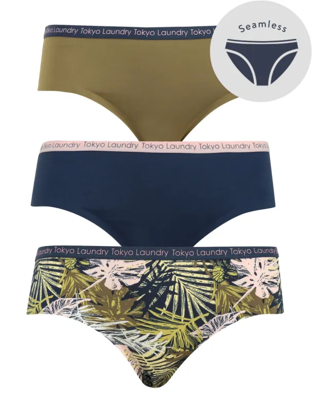 Besalu (3 Pack) No VPL Seam Free Assorted Briefs in Burnt Olive / Midnight Blue / Chalk Pink Palm Leaf Print - Tokyo Laundry sold by Tokyo Laundry