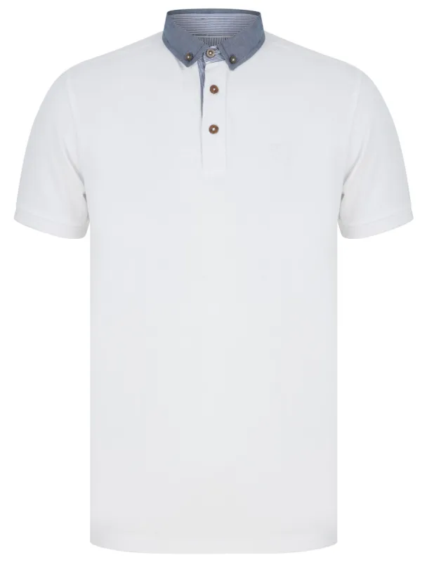 Passmore Cotton Pique Polo Shirt with Chambray Collar in Bright White - Kensington Eastside sold by Tokyo Laundry