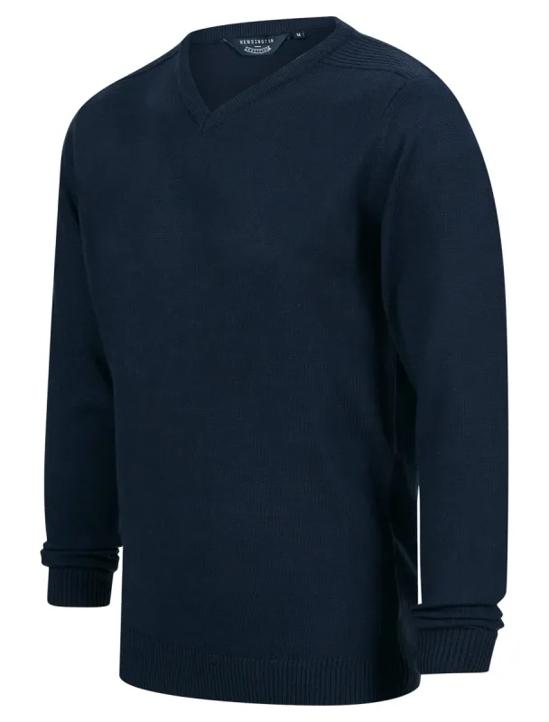 Rubik V-Neck Knitted Jumper in Sky Captain Navy - Kensington Eastside sold by Tokyo Laundry