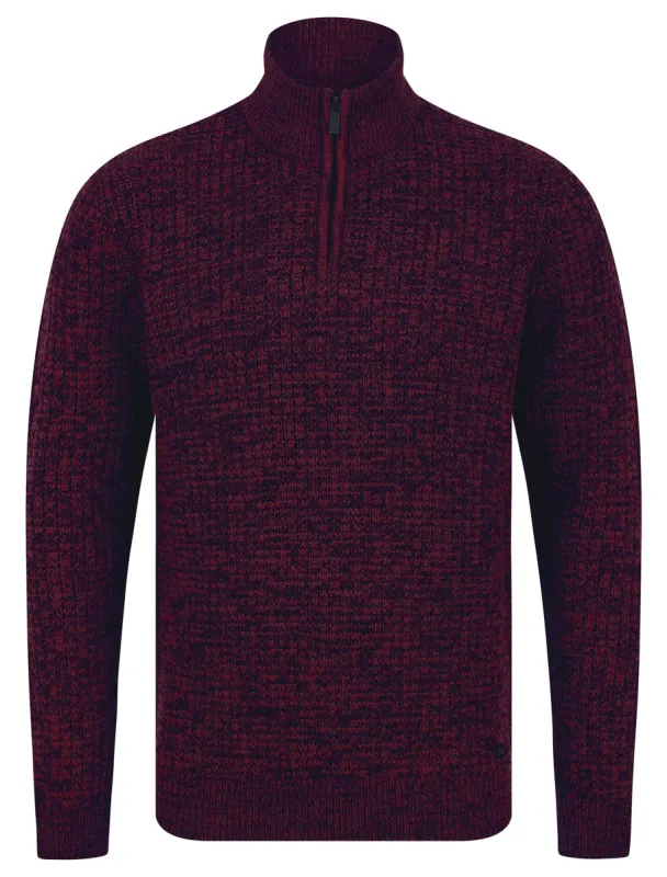 Merson Quarter Zip Funnel Neck Wool Blend Knitted Jumper in Claret / Black Twist - Tokyo Laundry sold by Tokyo Laundry