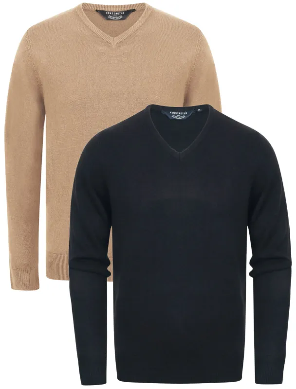 Marling (2 Pack) Soft Cashmillon Knitted V Neck Jumpers in Dark Navy / Taupe - Kensington Eastside sold by Tokyo Laundry
