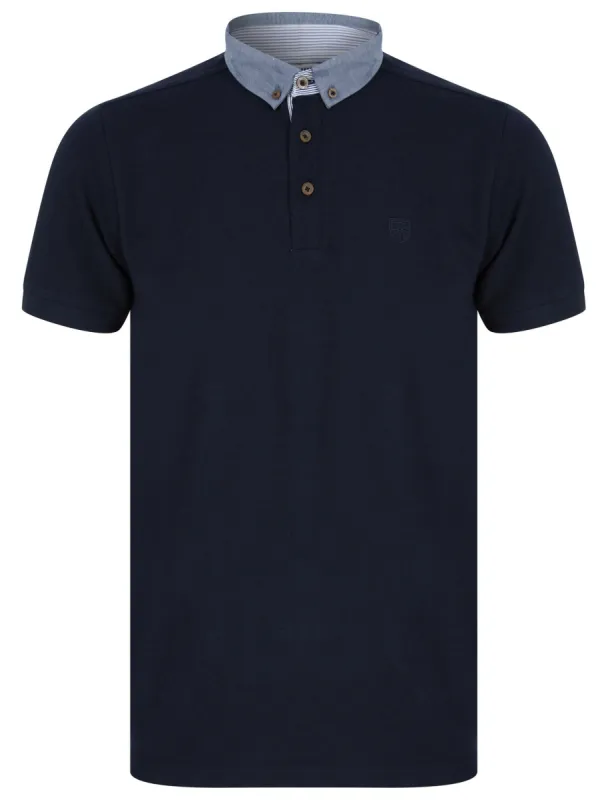 Passmore Cotton Pique Polo Shirt with Chambray Collar in Sky Captain Navy - Kensington Eastside sold by Tokyo Laundry