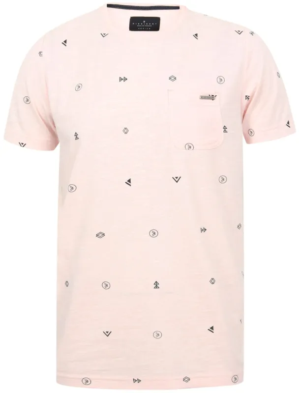Mikio Symbol Print Cotton Slub T-Shirt with Chest Pocket In Blushing Pink - Dissident sold by Tokyo Laundry