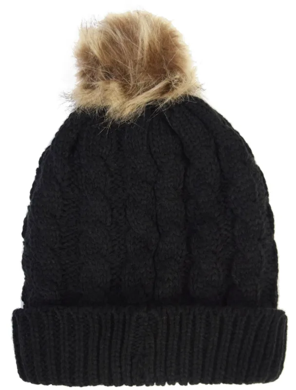 Devin Borg Lined Cable Knit Bobble Hat in Black sold by Tokyo Laundry