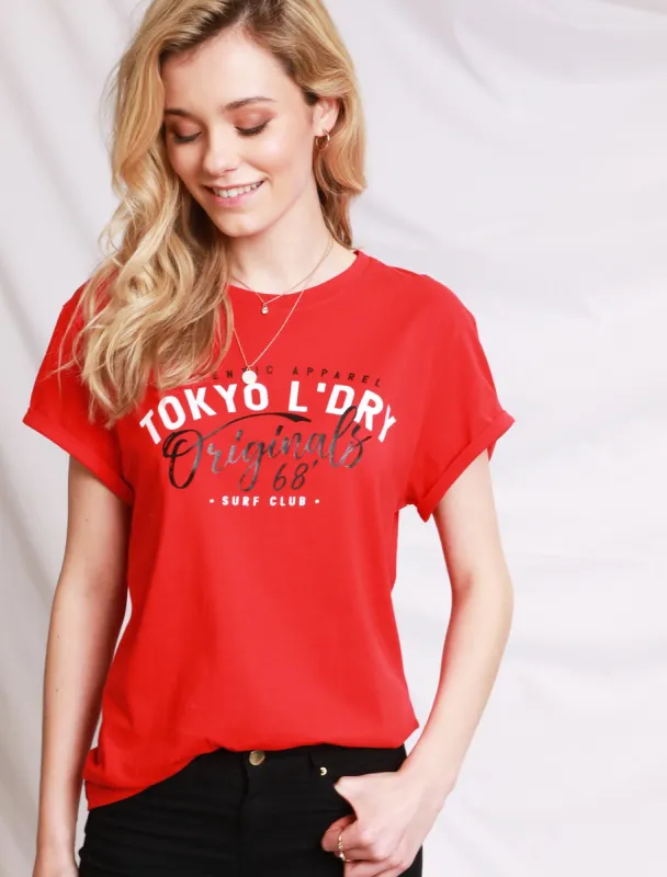 Womens Cotton T-Shirt with Turn-Up Sleeves In Lollipop Red - Tokyo Laundry sold by Tokyo Laundry