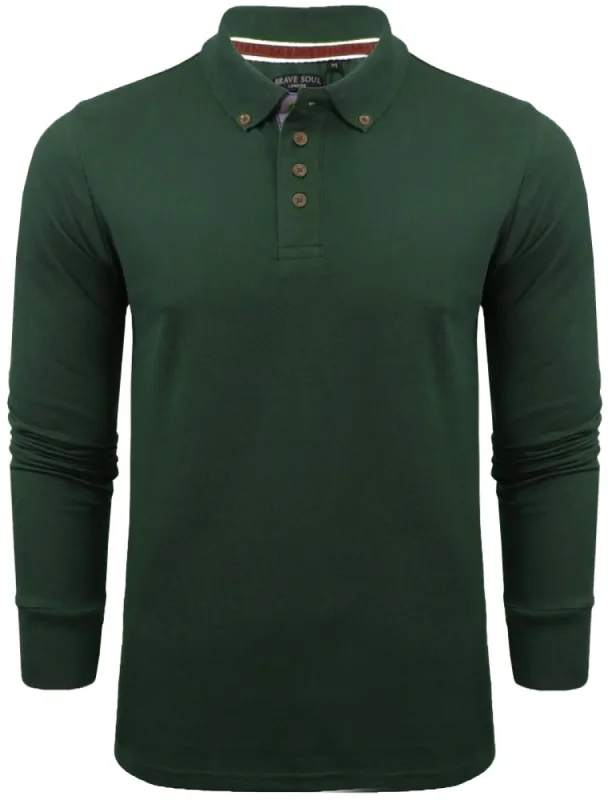 Howell Long Sleeve Polo Shirt in Dark Bottle Green sold by Tokyo Laundry