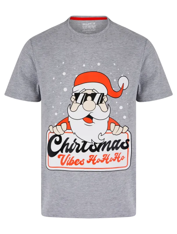 Men's Xmas Vibes Motif Novelty Cotton Christmas T-Shirt in Light Grey Marl - Merry Christmas sold by Tokyo Laundry