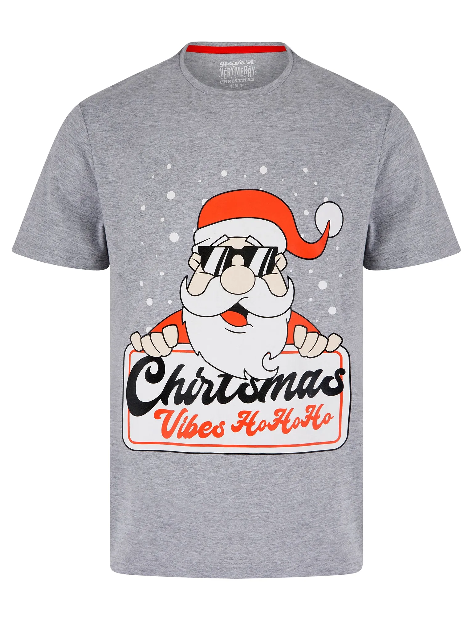 Men's Xmas Vibes Motif Novelty Cotton Christmas T-Shirt in Light Grey Marl - Merry Christmas sold by Tokyo Laundry