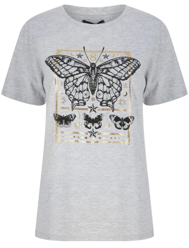 Border Fly Butterfly Motif Cotton T-Shirt With Gold Foil in Light Grey Marl - Weekend Vibes sold by Tokyo Laundry