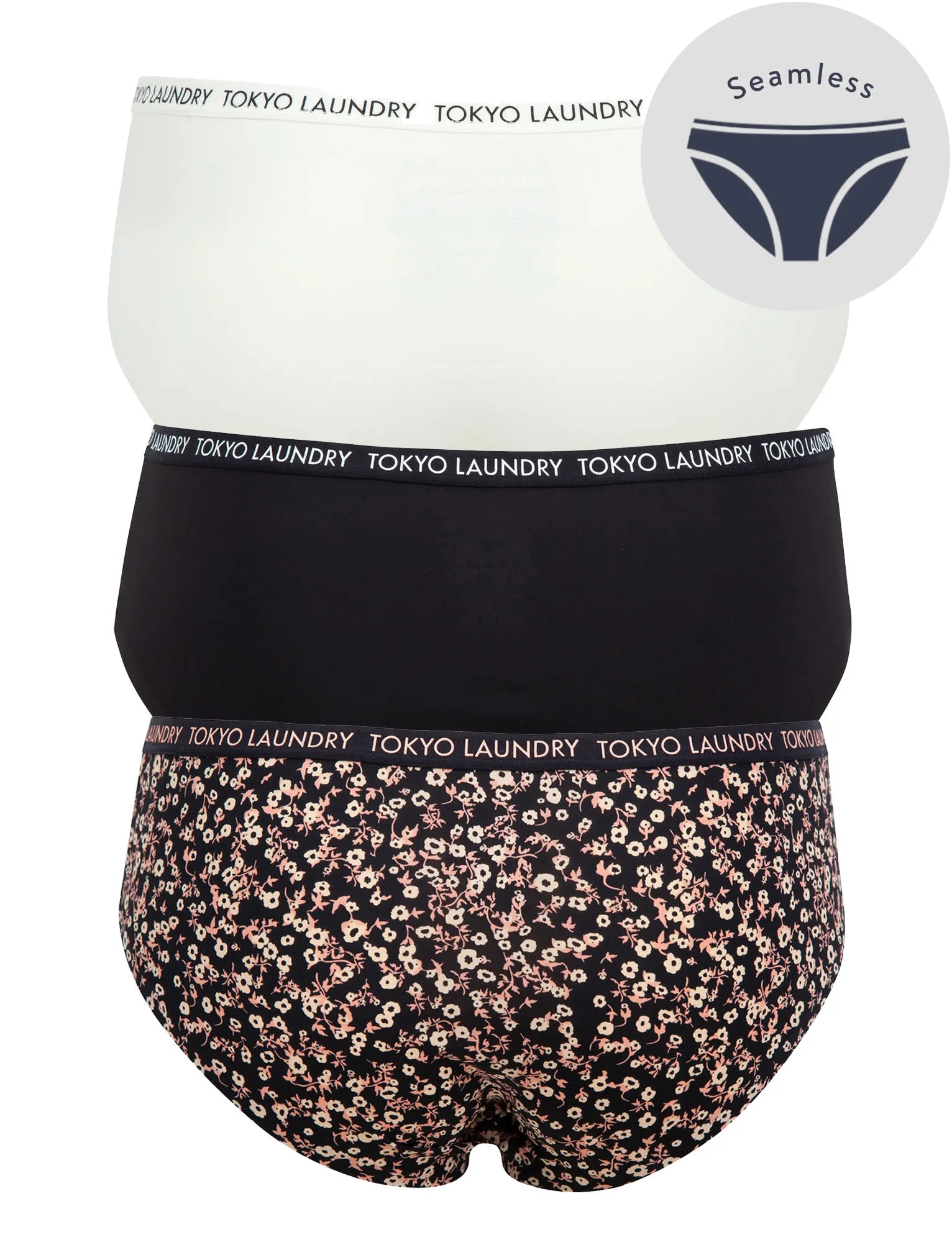 Minerva (3 Pack) Floral Print No VPL Seam Free Assorted Briefs In Egret Ivory / Jet Black / Dress Blue - Tokyo Laundry sold by Tokyo Laundry product image thumbnail 2